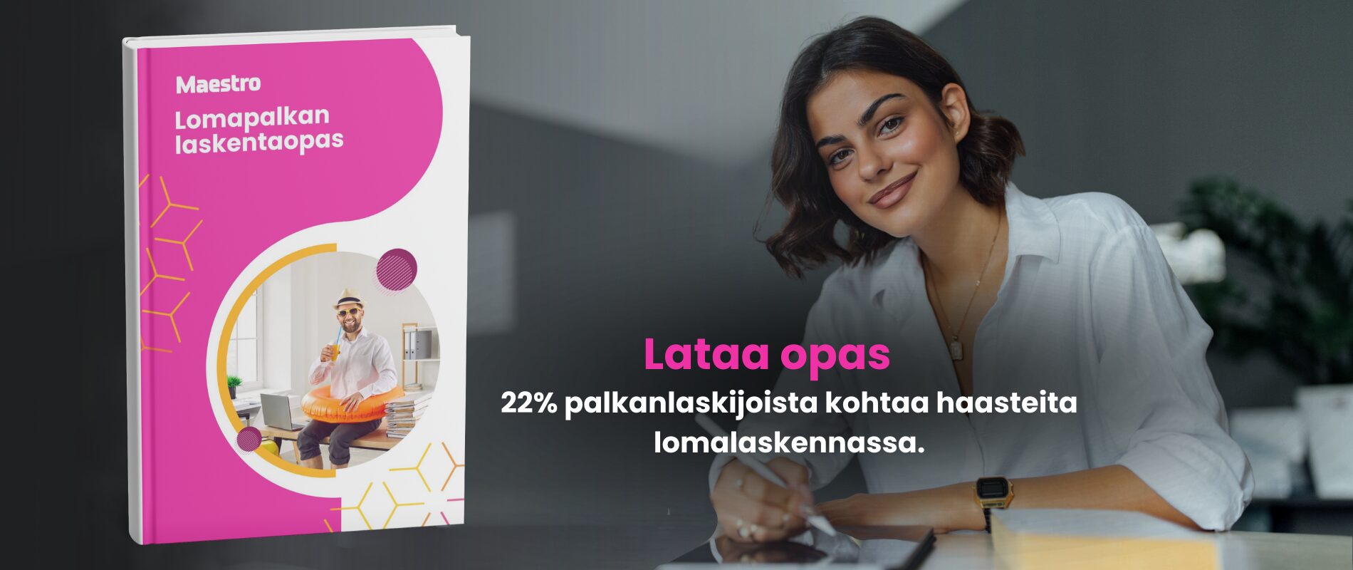 banneri (1) vakopaitainen, istuva polkkatukkainen palkanlaskija katsoo kameraan, kuvassa on myös kirja.